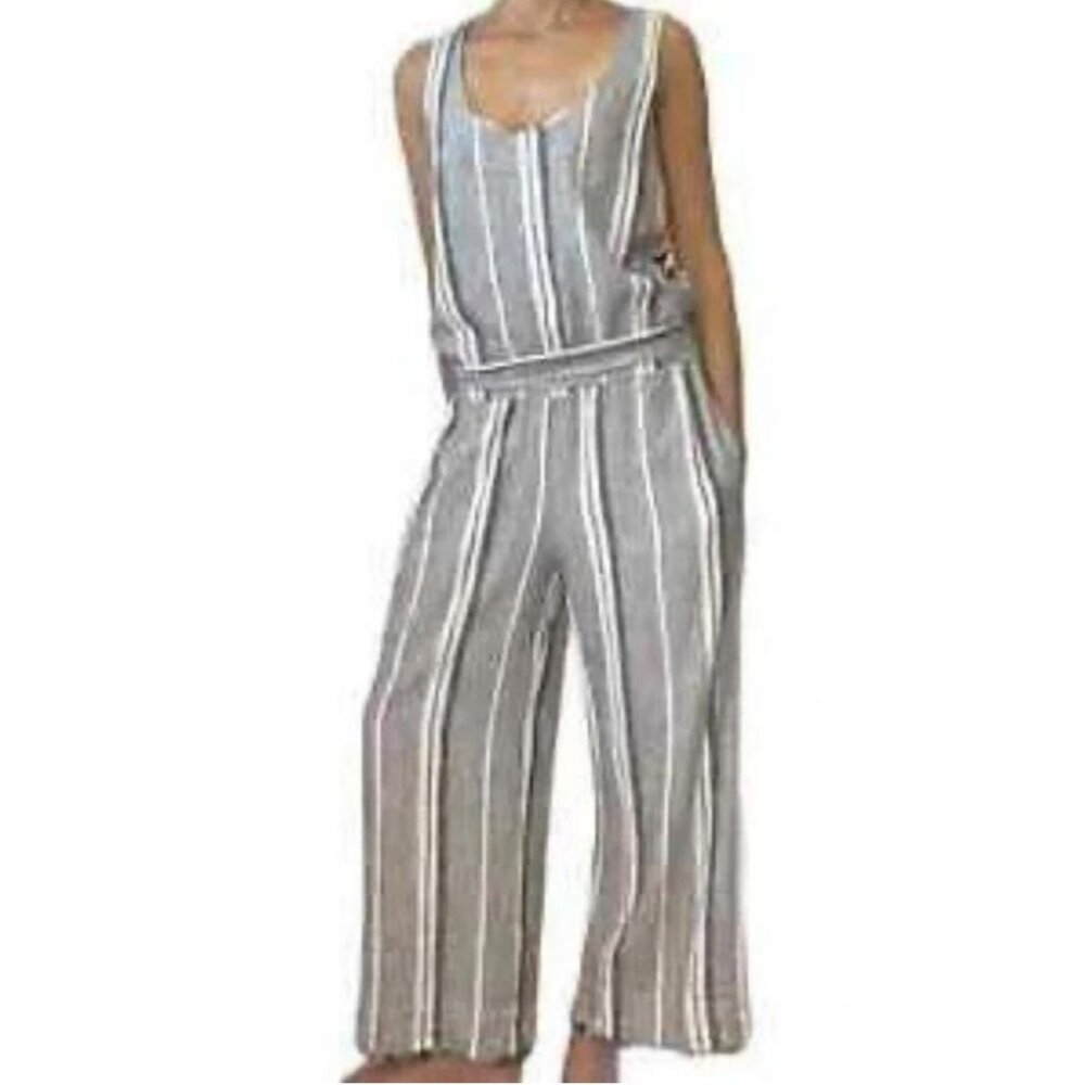 Cloth & Stone linen blend wide leg striped lagen look jumpsuit grey sz L